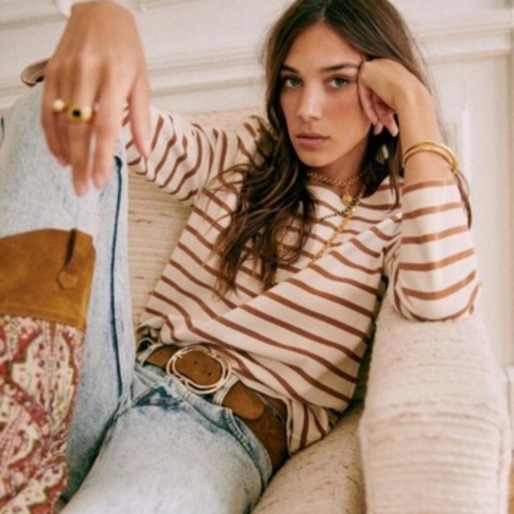 SEZANE Paris France Colette Mariniere Breton Stripe Top Shirt In Camel & Ecru XS